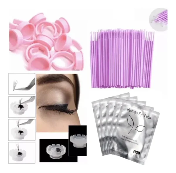 Kit Pestañas Con Parches, Cups Pegamento, Anillos, Minibrush